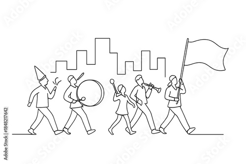 Minimalist Parade Art. New Year parade moving through the downtown district. Minimalistic one-line drawing