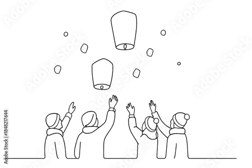 Winter Lantern Release. Winter festival lantern release. Minimalistic one-line drawing group releasing