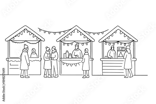 Minimalist Winter Market. Winter festival street market. Minimalistic one-line drawing New Year market stalls