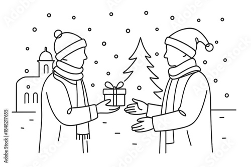 Minimalist Gift Exchange. Winter festival gift exchange. Minimalistic one-line drawing friends exchanging