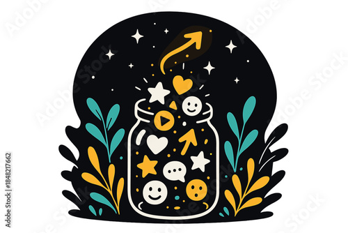 Glowing Wishing Jar. Wishing jar under the stars. A glass jar overflows with glowing symbols as one more spark