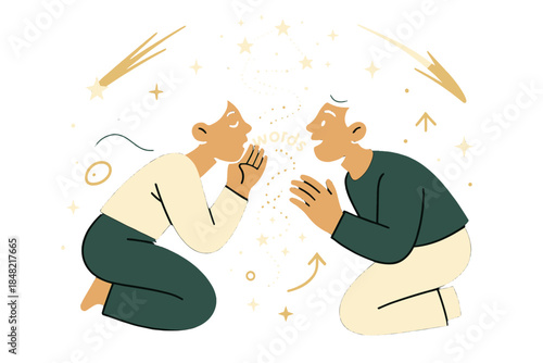 Cosmic Word Dance. Starlit whisper spell. Two figures lean close, releasing glowing words that spiral into