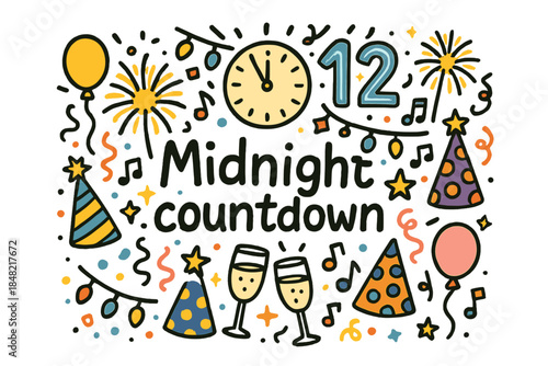 Midnight Countdown Celebration. Midnight countdown. Hand-drawn doodle illustration of Midnight countdown.