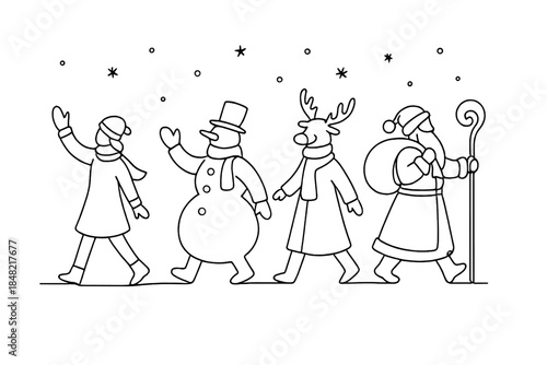 Snow Parade Celebration. Winter festival snow parade. Minimalistic one-line drawing festive New Year parade