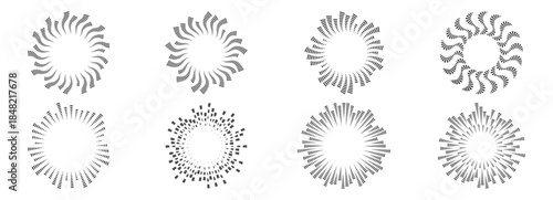 Circular sound wave made of dotted lines. Audio equalizer ring, radial frequency pattern for music, radio and voice visualization. Round sound icon set. Vector design.