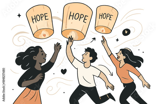 Lanterns of Hope. Wish lantern ascension. Paper lanterns rise in unison, each carrying glowing handwritten