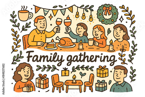 Festive Family Gathering. Family gathering. Hand-drawn doodle illustration of Family gathering. Dining table,