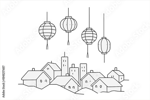 Winter Lanterns Rising. New Year lanterns city view. Minimalistic one-line drawing lanterns rising between