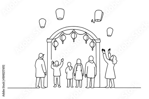 Festival Lantern Release. New Year lanterns at festival gate. Minimalistic one-line drawing people gathered