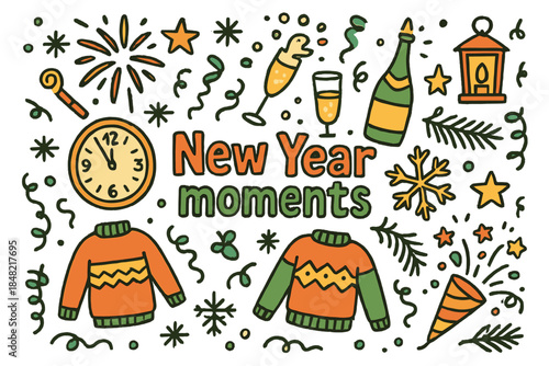 New Year Doodles. New Year moments. Hand-drawn doodle illustration of New Year moments. Countdown clock,