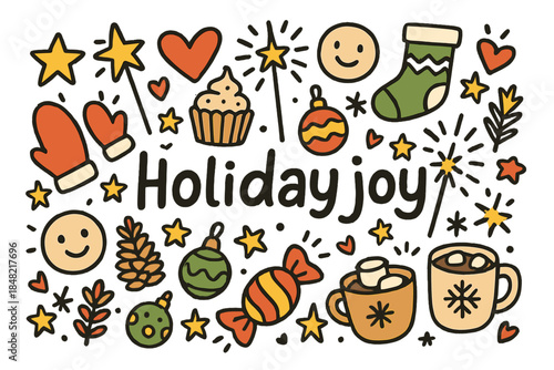 Joyful Holiday Doodles. Holiday joy. Hand-drawn doodle illustration of Holiday joy. Stars, hearts, sparklers,