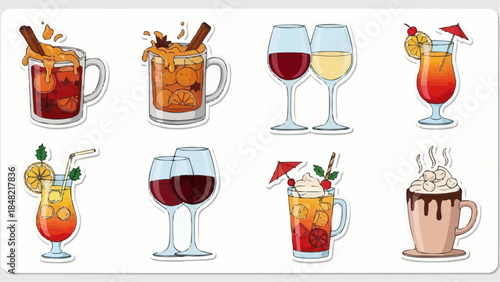 Variety of colorful cocktails and drinks in stylish glasses