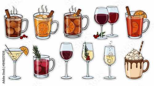 Variety of alcoholic and hot beverages in stylish glasses and mugs