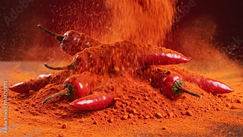 Vibrant red chili peppers covered in spice powder culinary ingredient