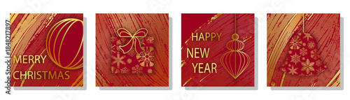 A set of Christmas and New Year card templates in luxurious red and gold tones. Vector
