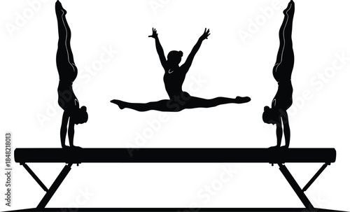 Gymnastics balance beam silhouette with female gymnast performing handstand split jump poses isolated on white background black sports vector illustration