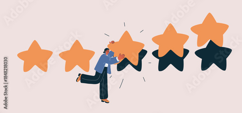 Cartoon vector illustration of a woman with a five-star rating, glowing with earned recognition