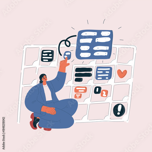 Cartoon vector illustration of a woman tapping notes in her personal journal, keeping her plans in motion