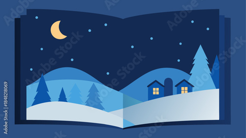 A serene winter night scene with cozy houses nestled among snowy hills under a crescent moon