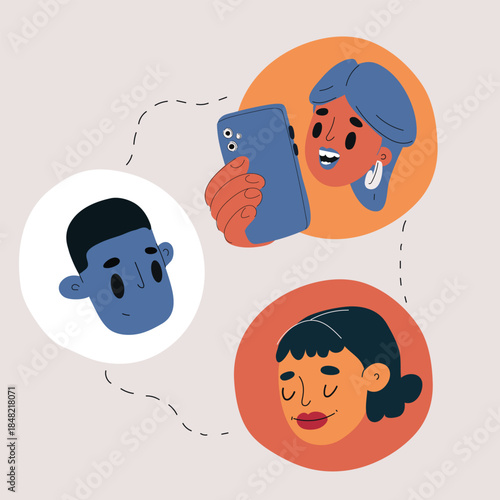 Cartoon vector illustration of people icons with circulating messages between them, representing communication and networking