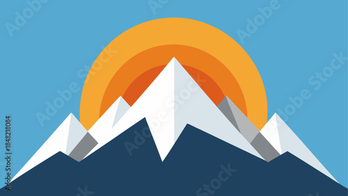 Stylized depiction of majestic snow-capped mountain peaks with a vibrant orange sun