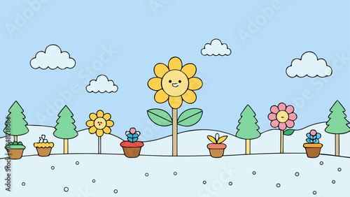 A charming cartoon winter wonderland featuring smiling sunflowers and snowy trees