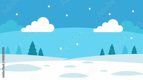 A peaceful winter landscape with snow-covered hills and evergreen trees under a calm blue sky