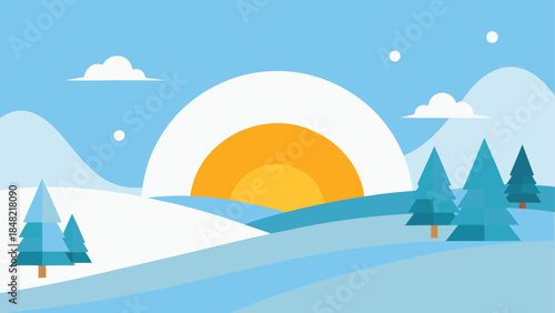 Winter sunrise in a tranquil snowy landscape with evergreen trees and rolling hills