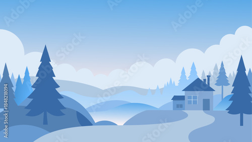 A serene winter landscape illustration with a cozy house nestled among pine trees