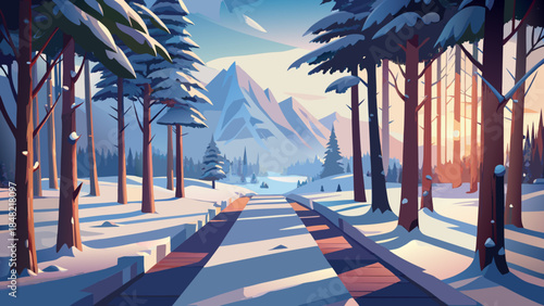A serene winter landscape with a snowy path winding through a forest towards majestic mountains