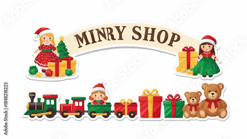 Festive Christmas scene with Minry Shop sign and joyful cartoon characters