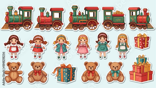 Vintage cartoon stickers of trains, girls, teddy bears, and gifts