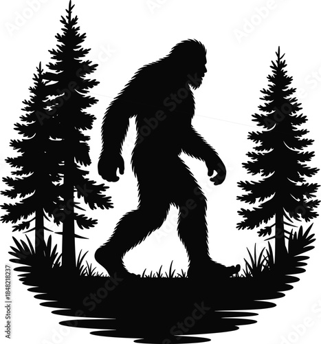 Black silhouette of a bigfoot walking in a forest with trees