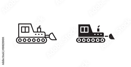 Bulldozer icons, black line art and clipart vector logo