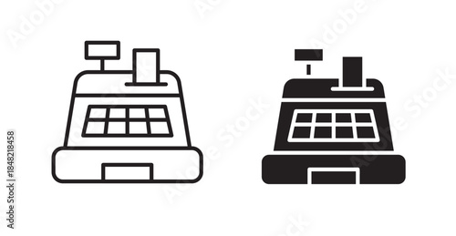 Cash register icons, black line art and clipart vector logo