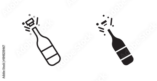 Champagne bottle icons, black line art and clipart vector logo