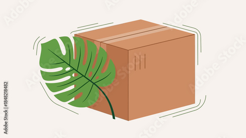 Cardboard box with a green monstera leaf, symbolizing eco-friendly packaging and sustainable delivery on a light beige background.