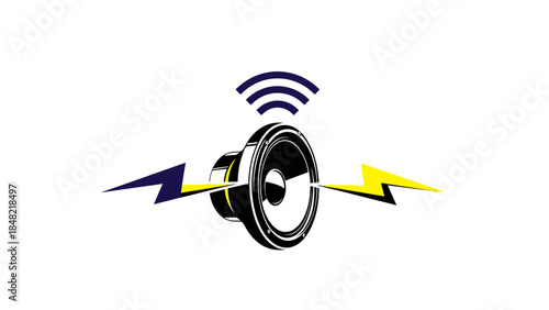 Loudspeaker emitting sound waves with a lightning bolt, representing powerful music and audio on an isolated white background.