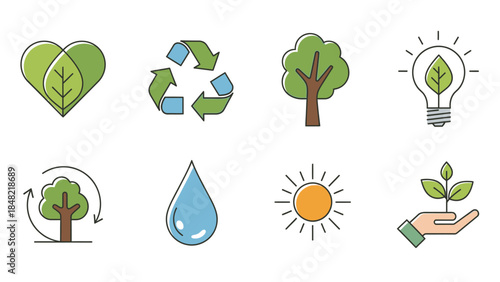 Collection of diverse eco-friendly icons representing environmental protection, sustainability, and nature on a bright studio background.