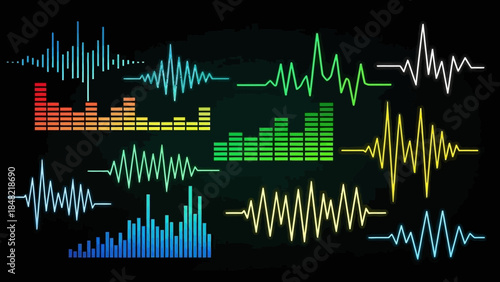 Dynamic colorful sound equalizer and vibrant waveform patterns on a dark studio background, representing audio visualization.