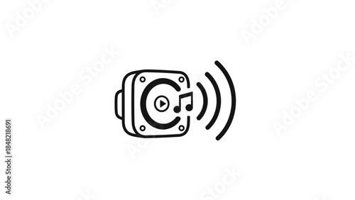 Simple black icon of a speaker with a musical note inside and sound waves, representing a music player on an isolated white background.