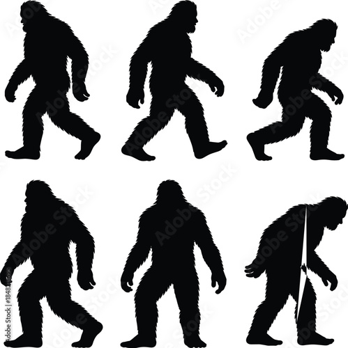 Silhouettes of Bigfoot Walking in Different Postures