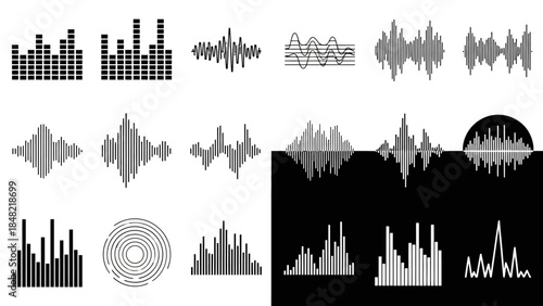 Diverse collection of black and white sound equalizer and waveform patterns for audio visualization on an isolated white background.