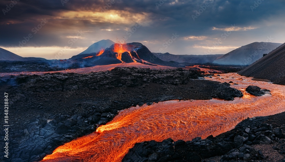 Naklejka premium dramatic volcanic landscape with fiery rivers and ominous skies