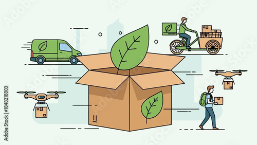 Sustainable Eco-Friendly Delivery Service with Drones, Bike, and Van, Green Logistics with Large Cardboard Box, Modern Environmental Parcel Transportation