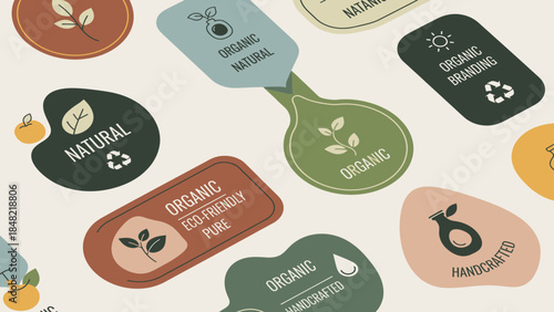Collection of Organic Natural Eco-Friendly Product Labels and Tags, Sustainable Branding Badges with Leaf and Recycle Symbols, Handcrafted Food and Cosmetic Packaging Icons