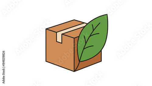 Eco-Friendly Cardboard Box with Green Leaf, Sustainable Packaging Icon on Isolated White Background, Environmentally Conscious Delivery Box