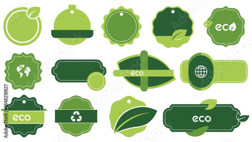 Vector set of green eco icons and natural bio labels featuring leaf designs and ecology symbols for organic business branding