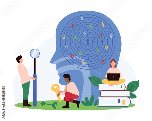 Therapy for speech pathology, learning, speaking disorders awareness. Tiny people search key for keyhole in patients brain, puzzle with chaos of letters inside human head cartoon vector illustration