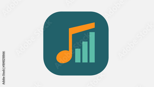 A stylized icon featuring an orange musical note alongside a teal bar graph, set against a dark teal square background with rounded corners.